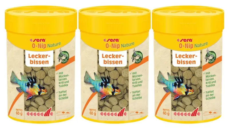 3x Sera O-nip Nature 100ml - 100 Hafttabletten für Zierfische als Scheiben Snack