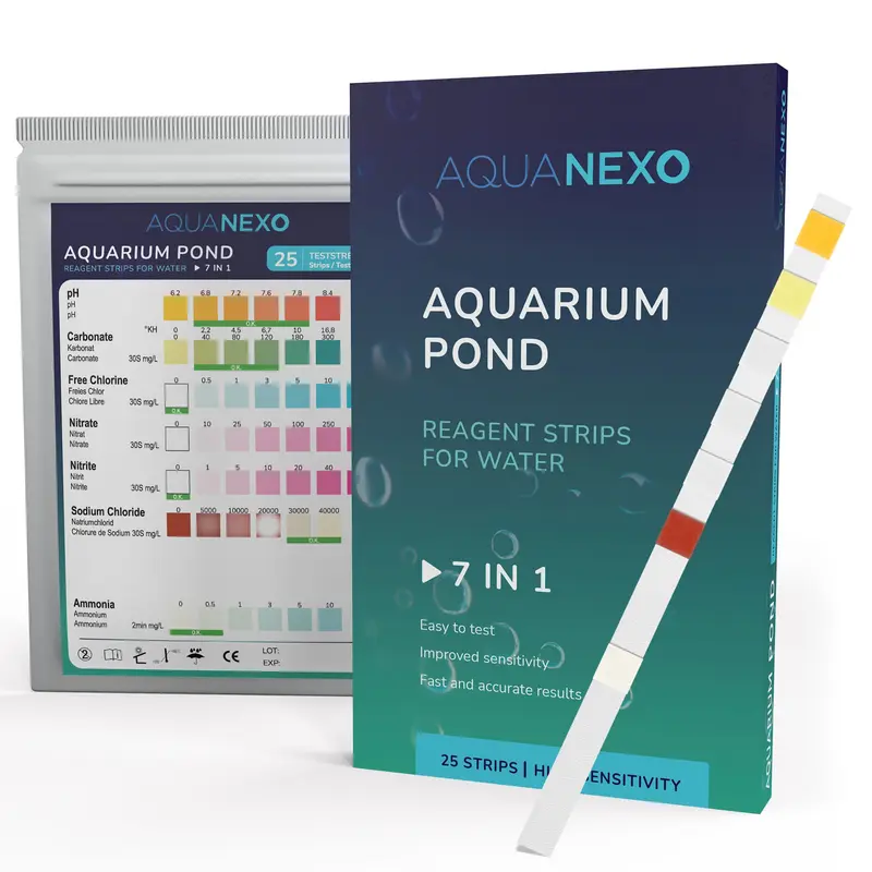 Aquanexo 7-in-1 Aquarium Teststreifen – Wassertest für pH, KH, Chlor, Nitrat, Nitrit & Ammonium