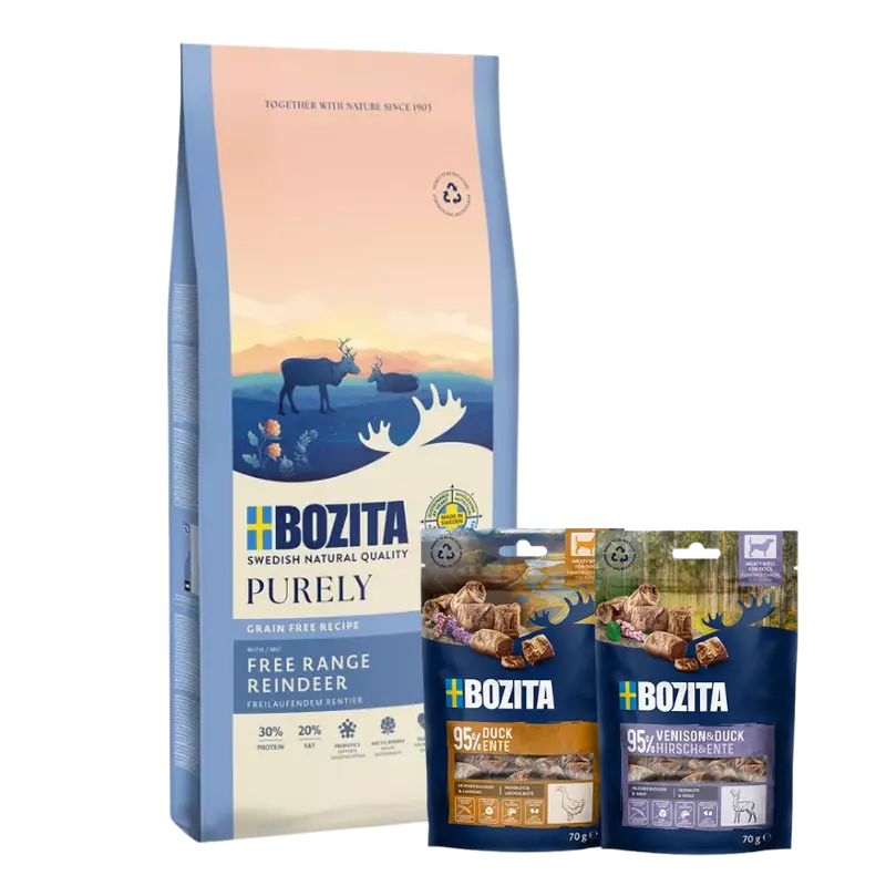 Bozita Dog Purely Adult Active mit Rentier 11 kg & 2 x GRATIS Bozita Snacks (Ente, Hirsch)