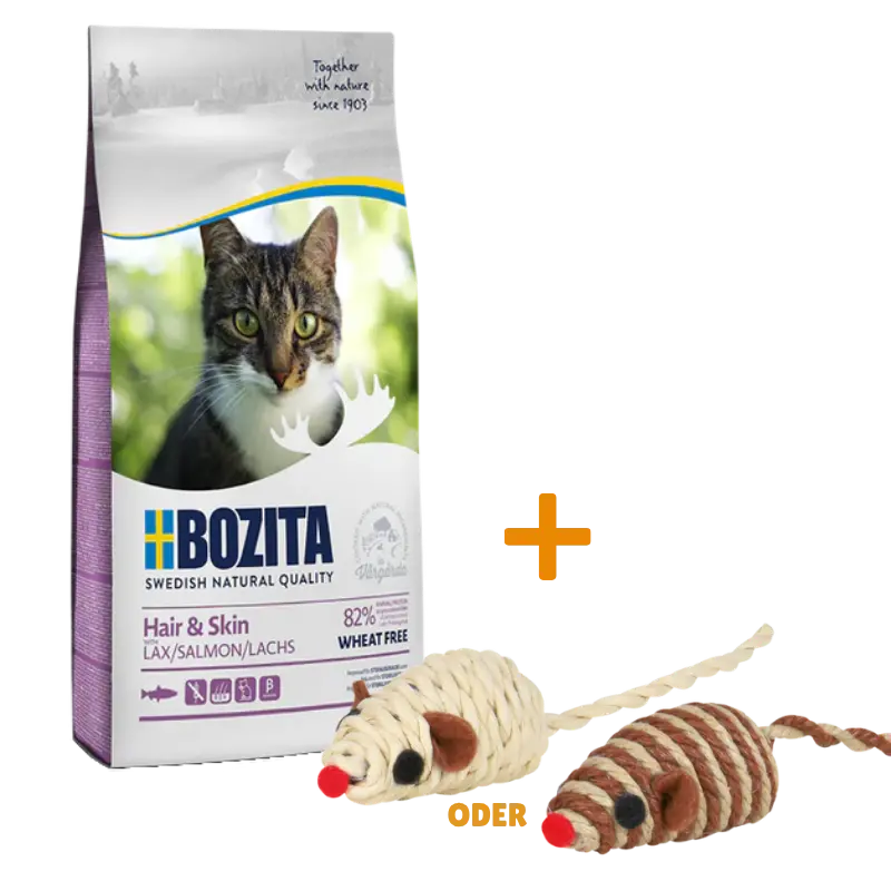 Bozita Hair & Skin Weizenfrei Lachs 10 kg + GRATIS TRIXIE Spielmaus