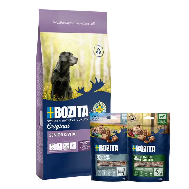 Bozita Original Adult Senior 12 kg & 2 x GRATIS Bozita Snacks (Elch, Lamm)