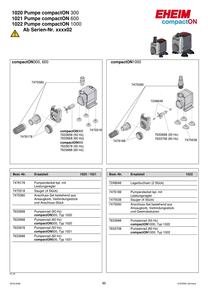 EHEIM Pumpendeckel kpl. f. compactON 1000 7476188
