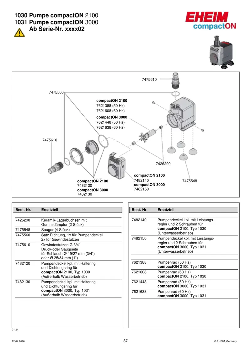 EHEIM Pumpendeckel kpl. f. compactON 2100 7482140