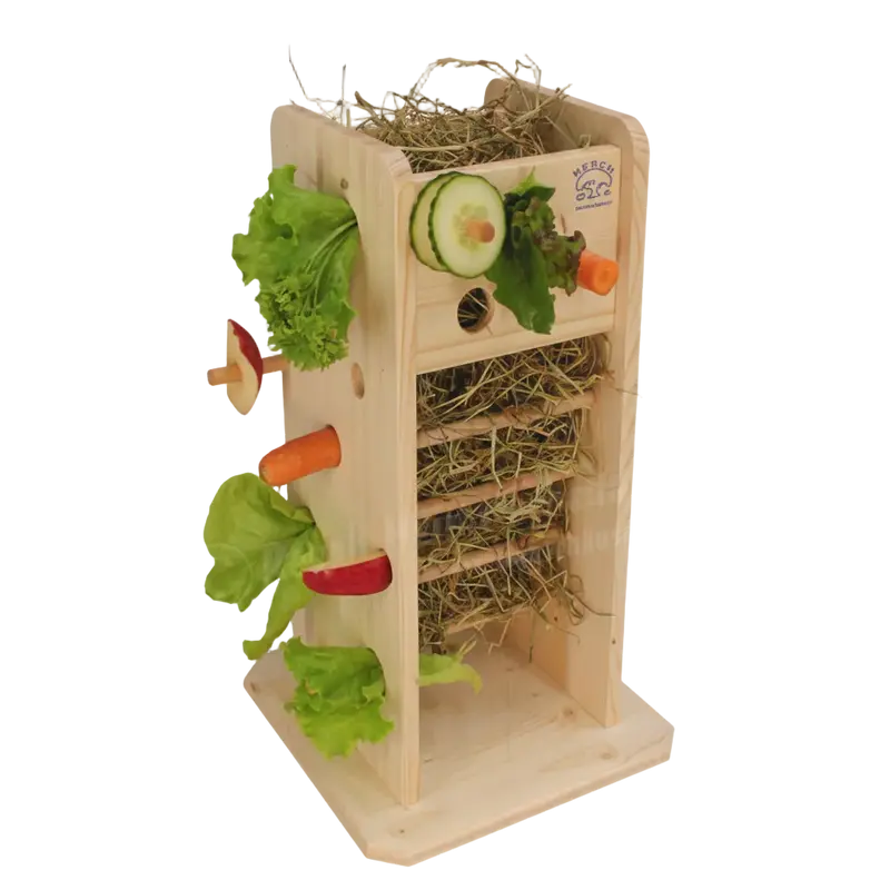 Futterturm aus Holz für Kaninchen & Meerschweinchen | Heuraufe & Snackhalter