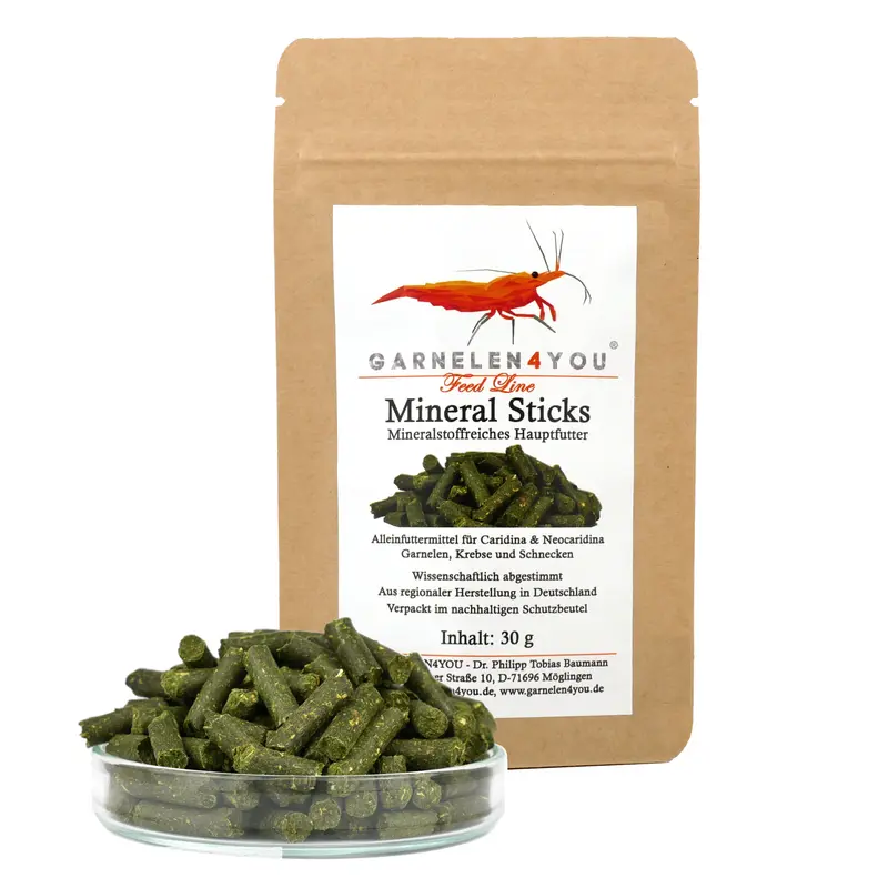 GARNELEN4YOU® Mineral Sticks | mineralstoffreiches Hauptfutter | Premium Garnelenfutter, 30g