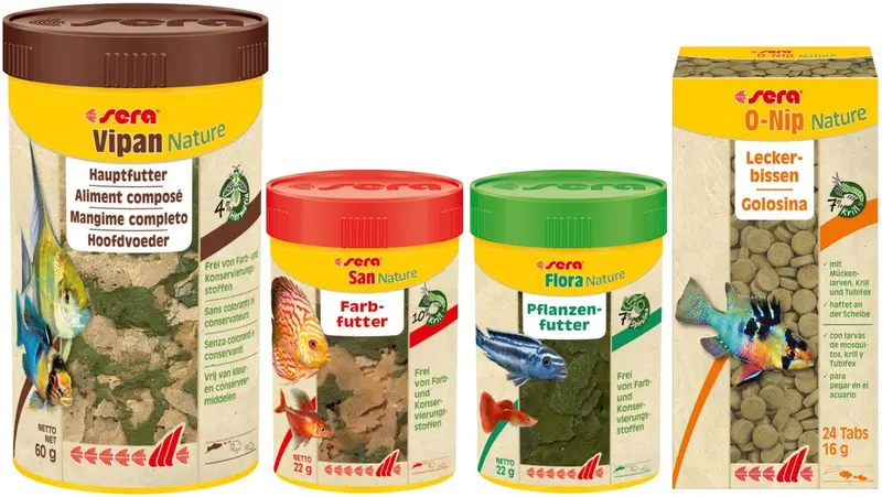 Sera Zubehör Futter-Set Vipan 250ml + San 100ml + Flora 100ml + O-Nip Nature 16g