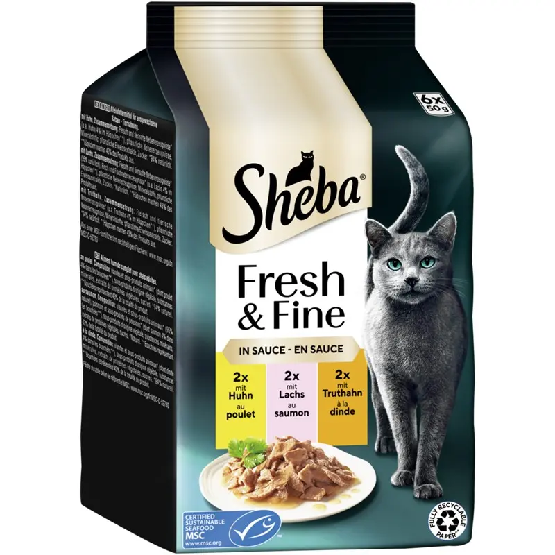 Sheba P.B. MP Fresh & Fine Huhn, Lachs & Truthahn in Sauce MSC 6x50g