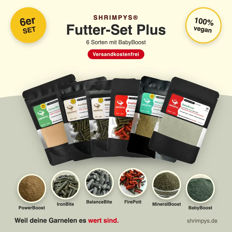 SHRIMPYS® Futter-Set Plus – 6 Sorten mit BabyBoost