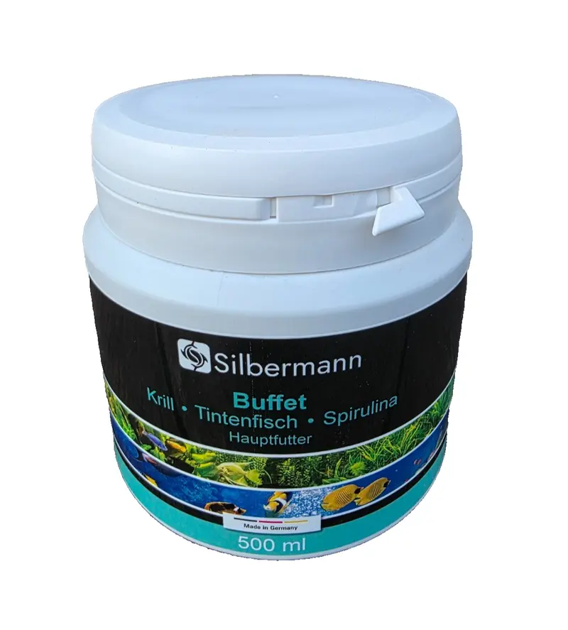 Silbermann Buffet 500ml - Flockenfutter mit Krill Tintenfisch Spirulina Aquarium