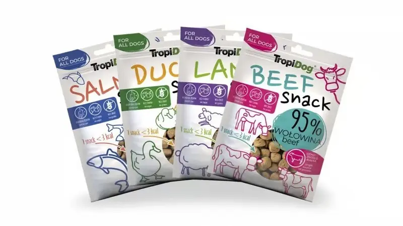 TropiDog Hunde Snack Beef + Duck + Lamb + Salmon - 4x 70g Set Leckerli Hund
