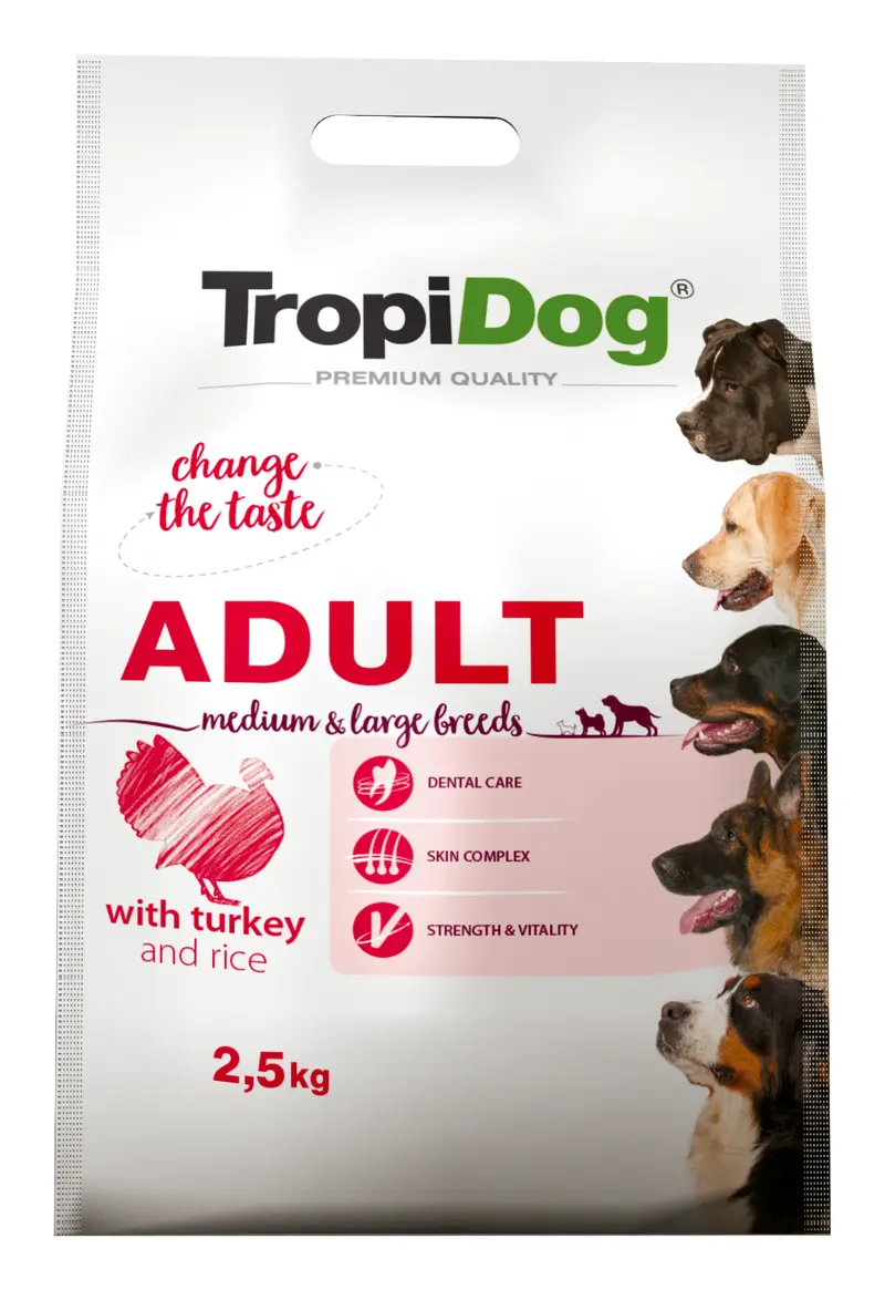 TropiDog Premium Adult Medium + Large Breeds 2,5kg Hunde Futter Truthahn + Reis